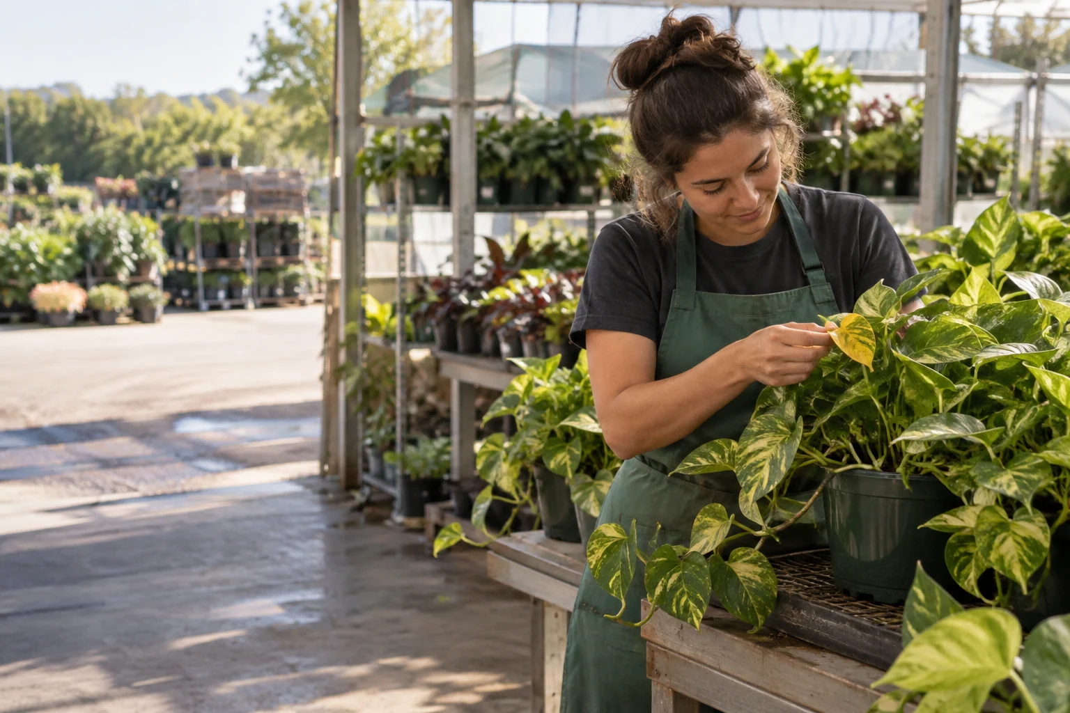 Illustration of a nursery worker inspecting pothos leaves at a receiving bench