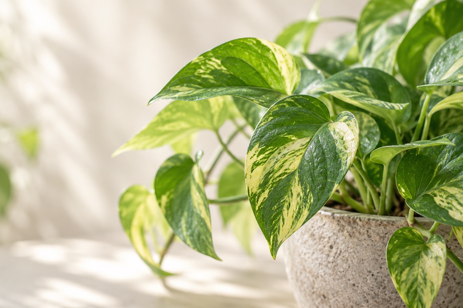 Pothos plants on a nursery bench